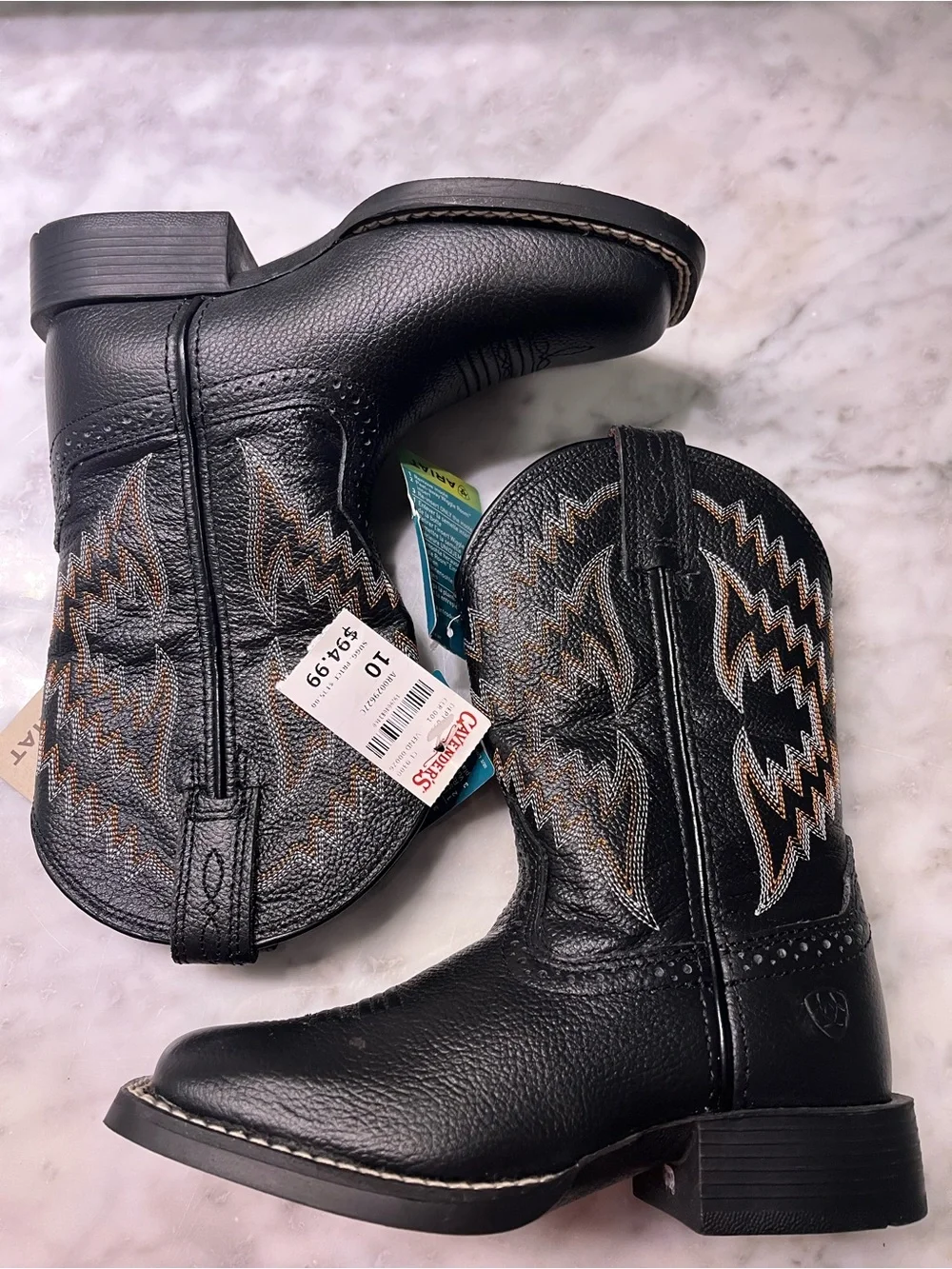 Ariat Black Kids Western Boots with White and Brown Stitching